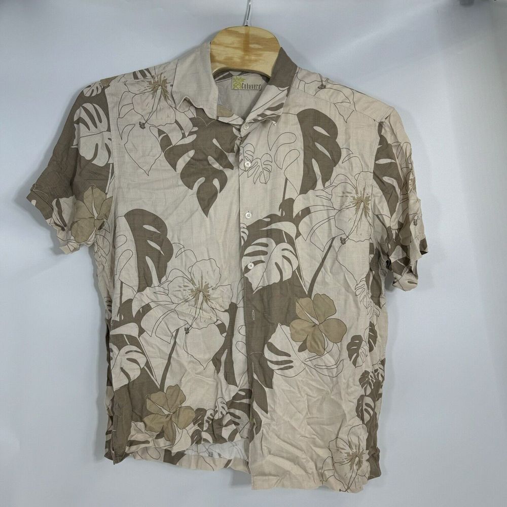 Cubavera Mens XXL Tropical Hibiscus Monstera Print Rayon Camp Shirt Tan Brown